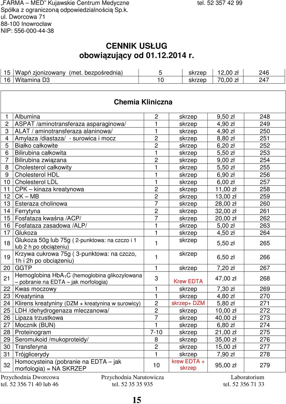 zł 250 4 Amylaza /diastaza/ - surowica i mocz 2 8,80 zł 251 5 Białko całkowite 2 6,20 zł 252 6 Bilirubina całkowita 1 5,50 zł 253 7 Bilirubina związana 2 9,00 zł 254 8 Cholesterol całkowity 1 5,50 zł