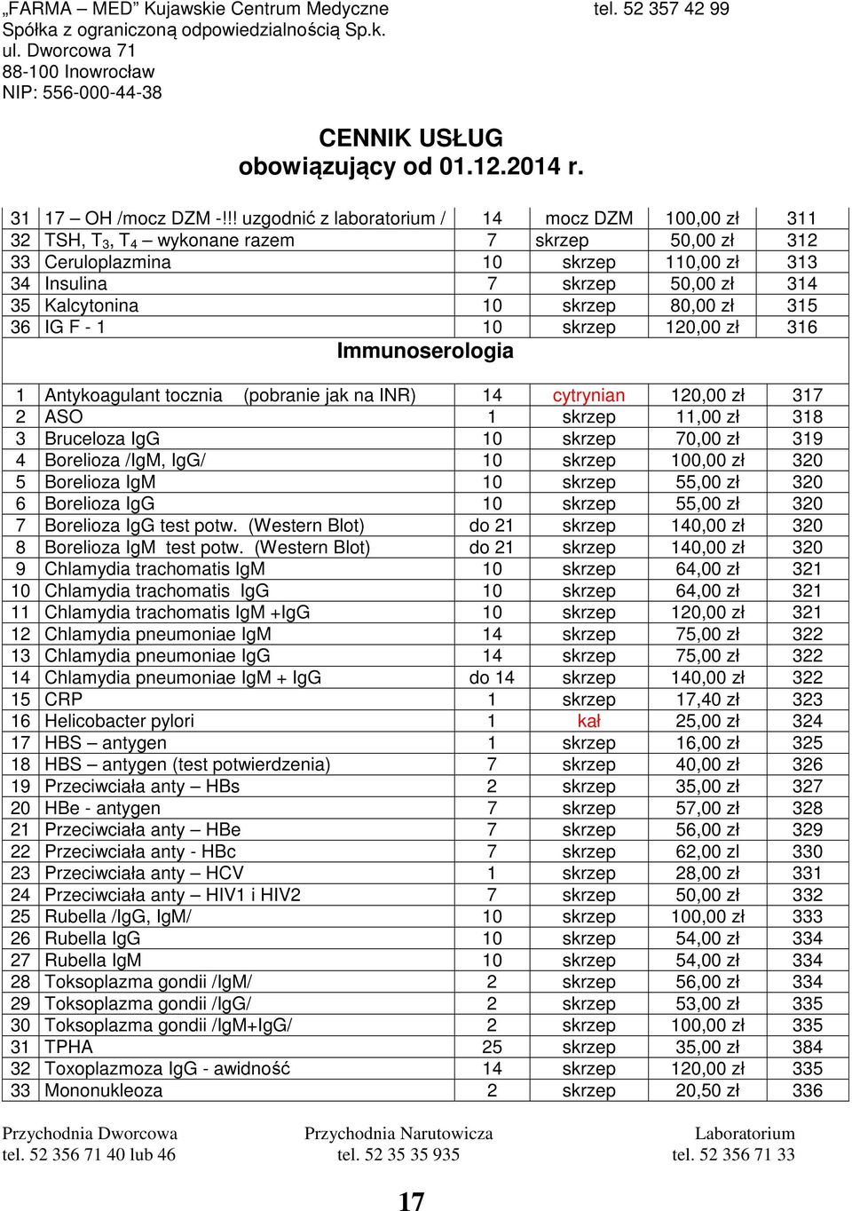 IG F - 1 10 120,00 zł 316 Immunoserologia 1 Antykoagulant tocznia (pobranie jak na INR) 14 cytrynian 120,00 zł 317 2 ASO 1 11,00 zł 318 3 Bruceloza IgG 10 70,00 zł 319 4 Borelioza /IgM, IgG/ 10