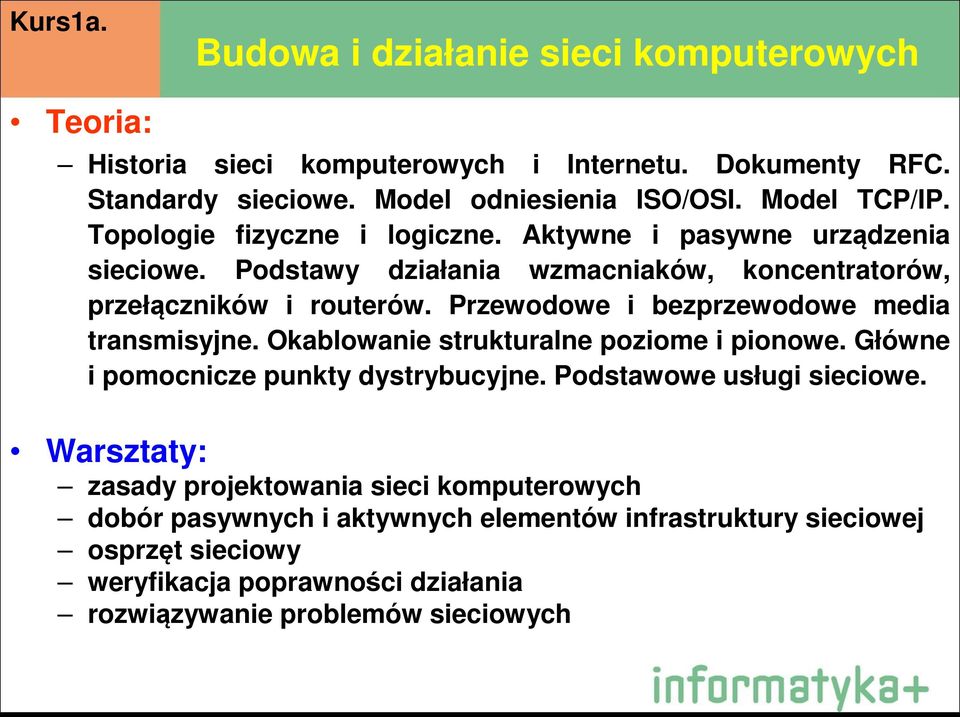 Przewodowe i bezprzewodowe media transmisyjne. Okablowanie strukturalne poziome i pionowe. Główne i pomocnicze punkty dystrybucyjne. Podstawowe usługi sieciowe.