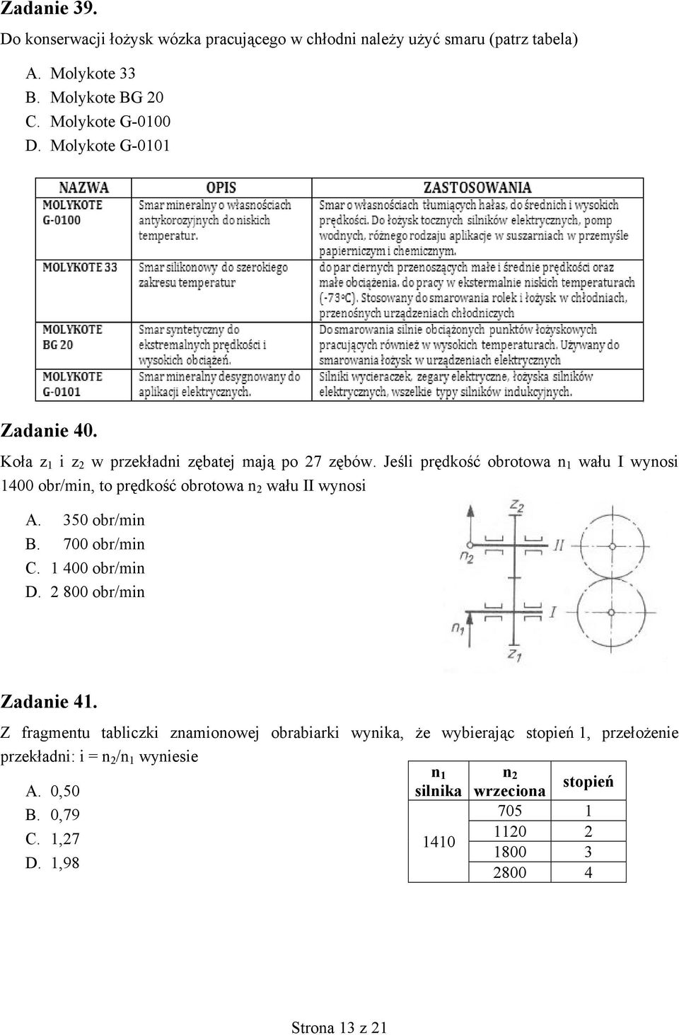 Jeśli prędkość obrotowa n 1 wału I wynosi 1400 obr/min, to prędkość obrotowa n 2 wału II wynosi A. 350 obr/min B. 700 obr/min C. 1 400 obr/min D.