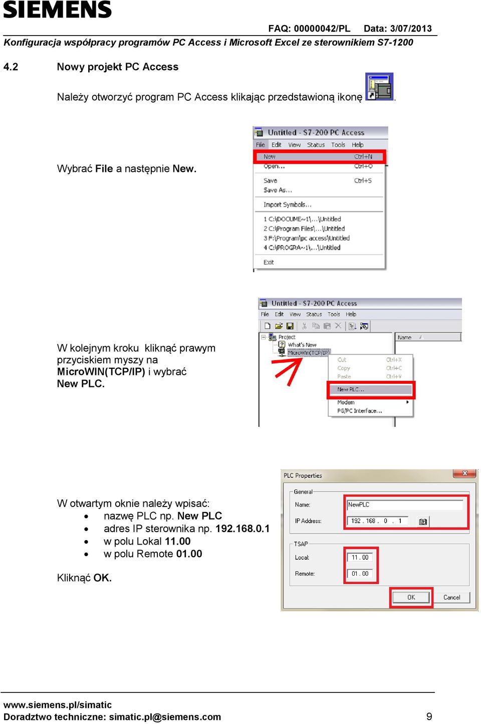 W kolejnym kroku kliknąć prawym przyciskiem myszy na MicroWIN(TCP/IP) i wybrać New PLC.