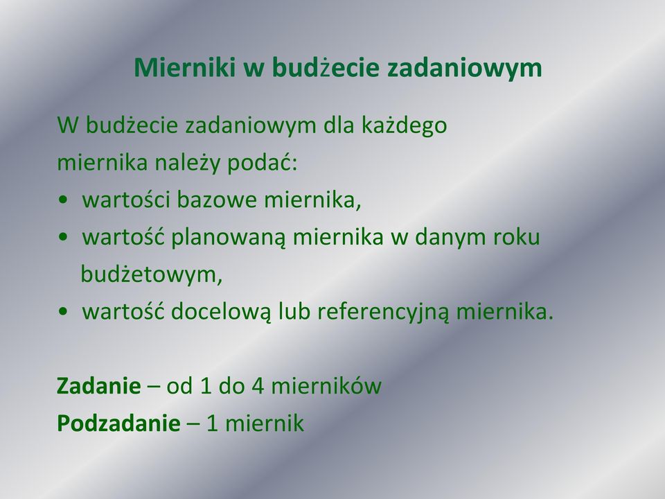 planowaną miernika w danym roku budżetowym, wartość docelową lub