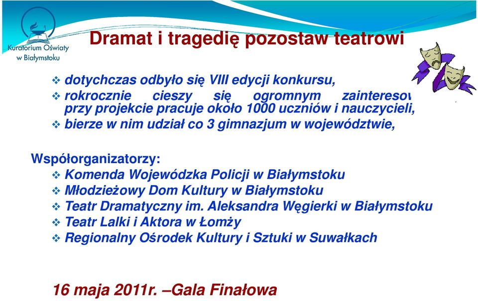 województwie, Współorganizatorzy: Komenda Wojewódzka Policji w Białymstoku Młodzieżowy Dom Kultury w Białymstoku Teatr