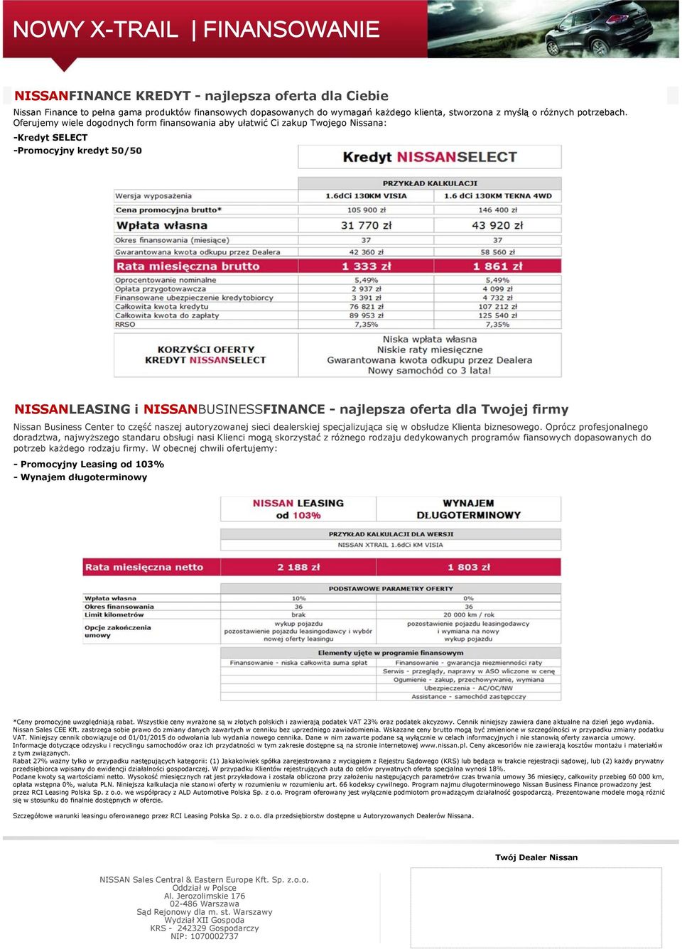 Oferujemy wiele dogodnych form finansowania aby ułatwić Ci zakup Twojego Nissana: -Kredyt SELECT -Promocyjny kredyt 50/50 NISSANLEASING i NISSANBUSINESSFINANCE - najlepsza oferta dla Twojej firmy