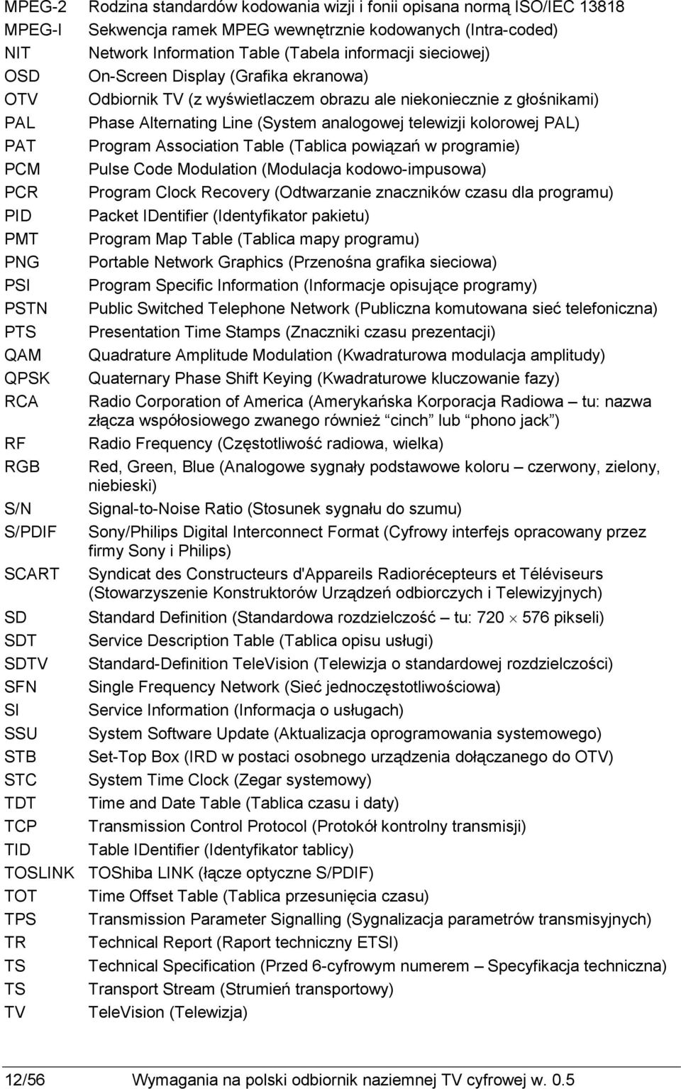 Program Association Table (Tablica powiązań w programie) PCM Pulse Code Modulation (Modulacja kodowo-impusowa) PCR Program Clock Recovery (Odtwarzanie znaczników czasu dla programu) PID Packet