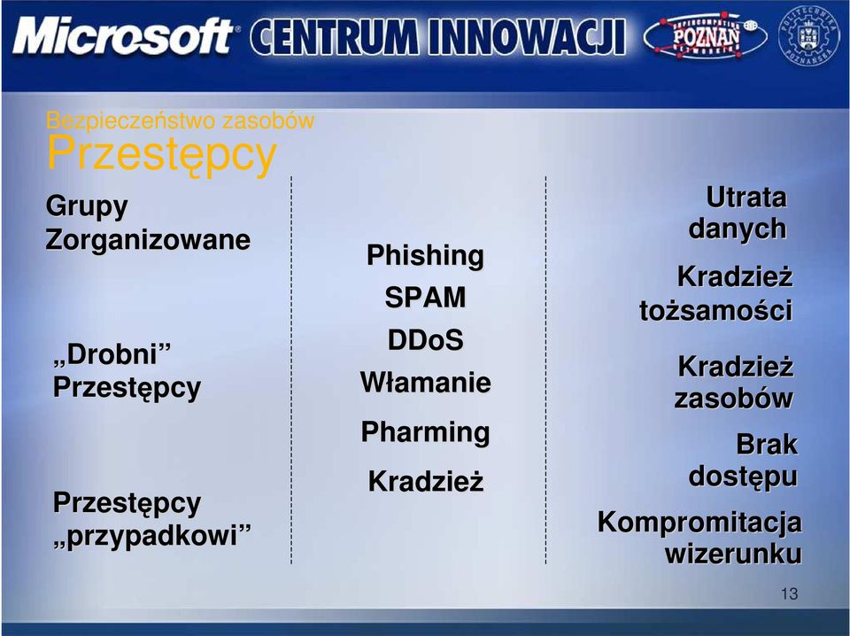 DDoS Włamanie Pharming KradzieŜ Utrata danych KradzieŜ