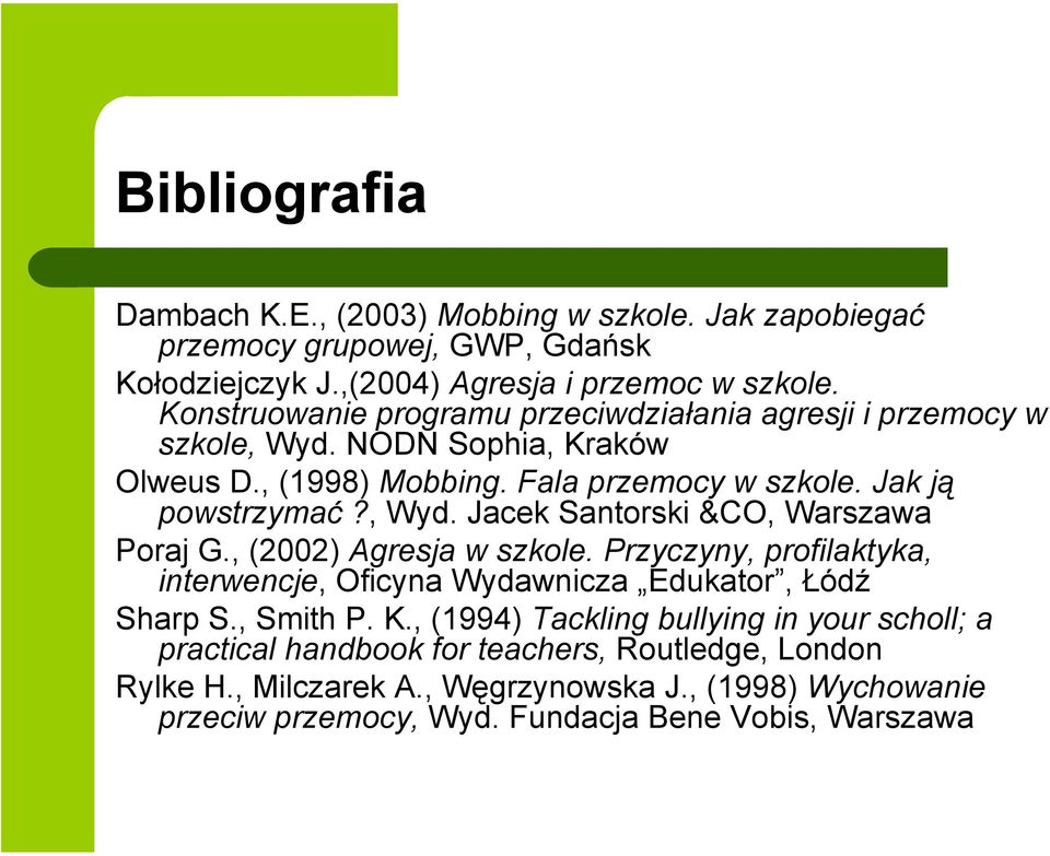 , (2002) Agresja w szkole. Przyczyny, profilaktyka, interwencje, Oficyna Wydawnicza Edukator, Łódź Sharp S., Smith P. K.