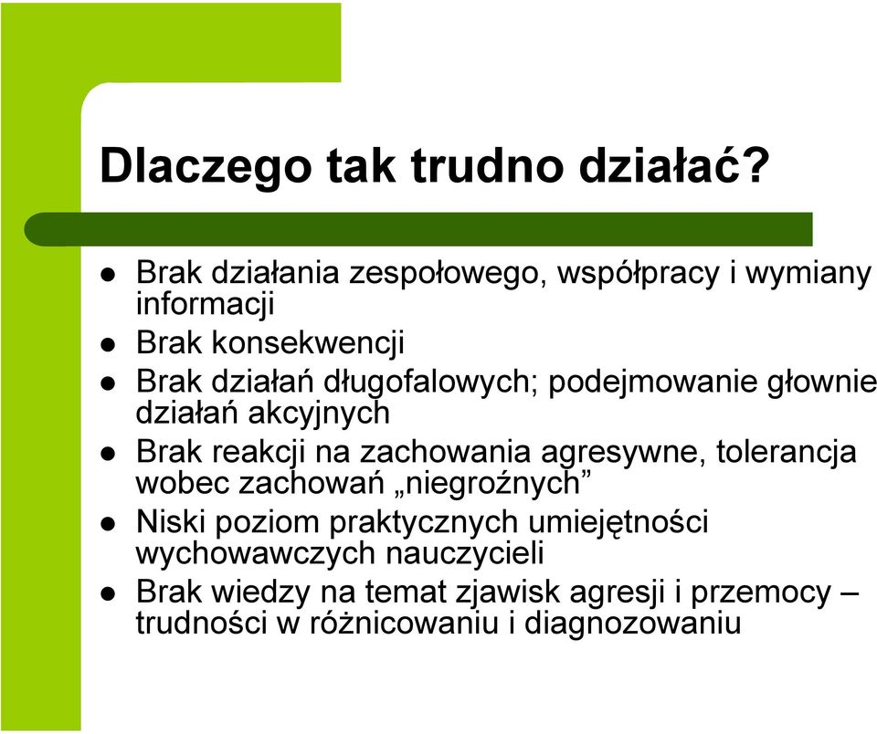 długofalowych; podejmowanie głownie działań akcyjnych Brak reakcji na zachowania agresywne,