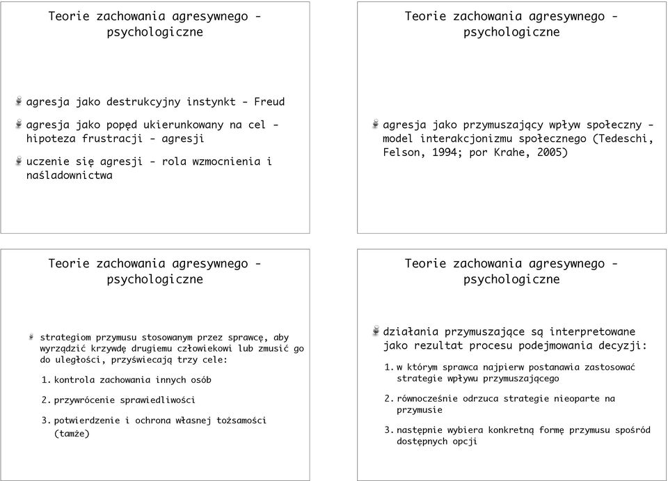 ecznego (Tedeschi, Felson, 1994; por Krahe, 2005) Teorie zachowania agresywnego - Teorie zachowania agresywnego - strategiom przymusu stosowanym przez sprawc%, aby wyrz$dzi' krzywd% drugiemu cz!