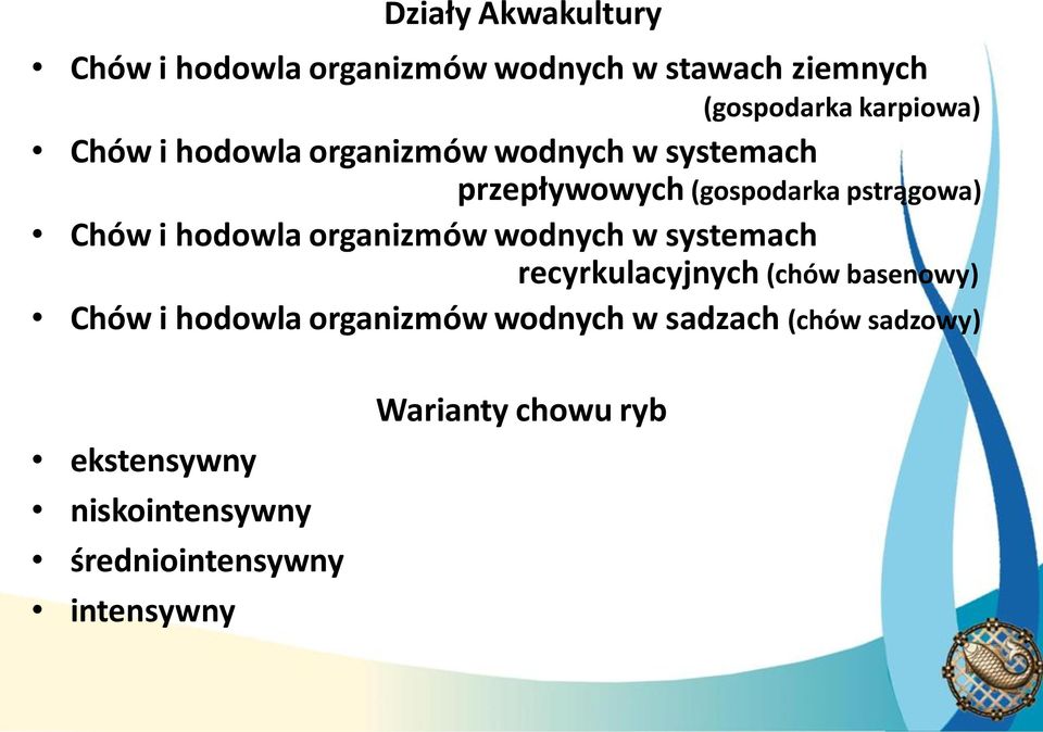 organizmów wodnych w systemach recyrkulacyjnych (chów basenowy) Chów i hodowla organizmów wodnych