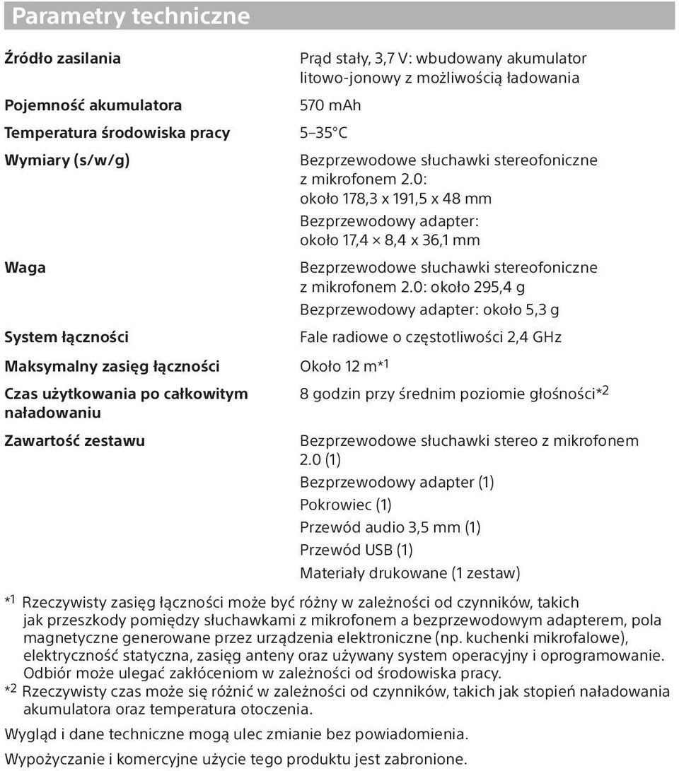 0: około 178,3 x 191,5 x 48 mm Bezprzewodowy adapter: około 17,4 8,4 x 36,1 mm Bezprzewodowe słuchawki stereofoniczne z mikrofonem 2.