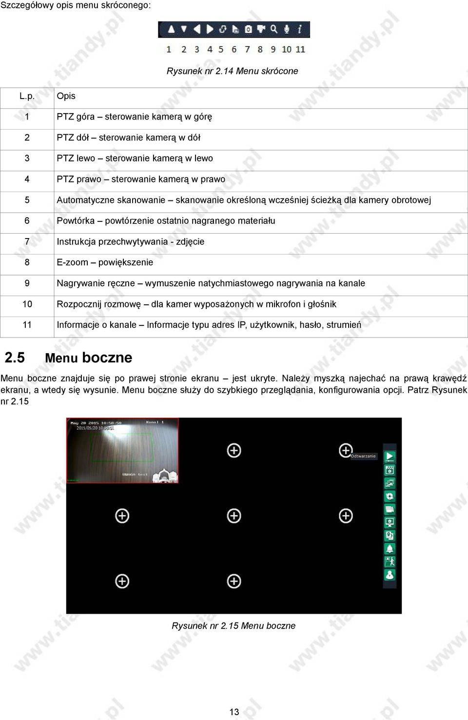 Opis 1 PTZ góra sterowanie kamerą w górę 2 PTZ dół sterowanie kamerą w dół 3 PTZ lewo sterowanie kamerą w lewo 4 PTZ prawo sterowanie kamerą w prawo 5 Automatyczne skanowanie skanowanie określoną