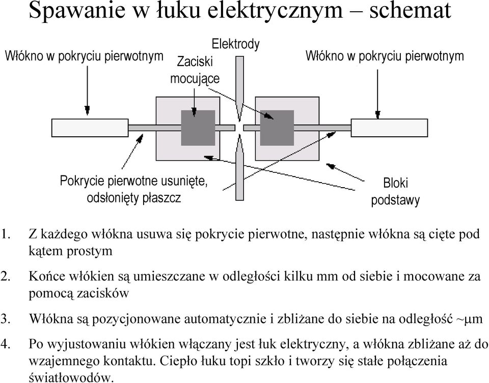 Końce włókien są umieszczane w odległości kilku mm od siebie i mocowane za pomocą zacisków 3.