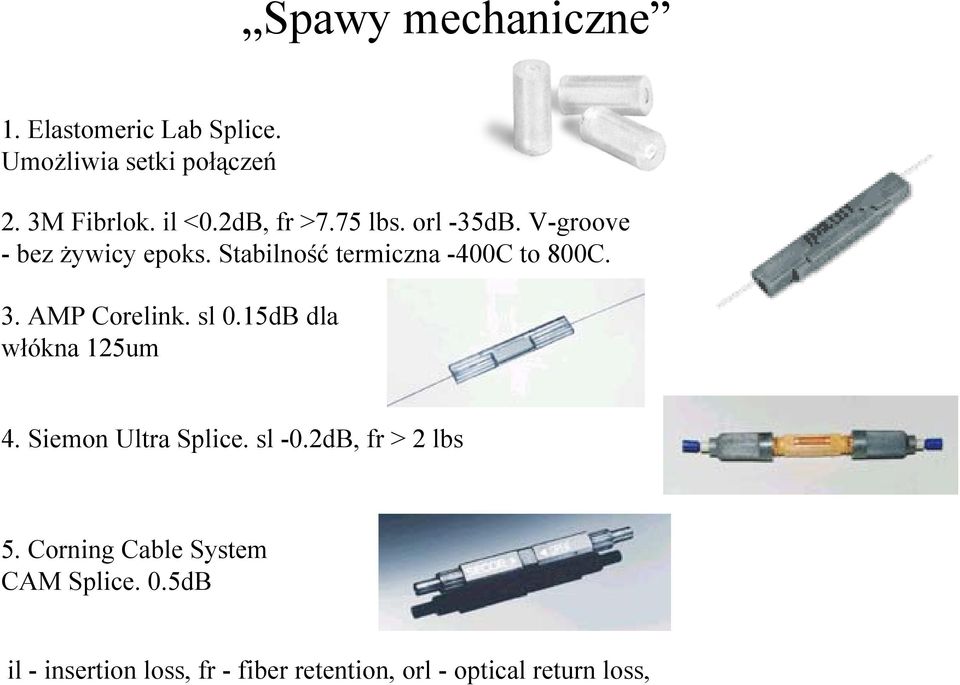 AMP Corelink. sl 0.15dB dla włókna 125um 4. Siemon Ultra Splice. sl -0.2dB, fr > 2 lbs 5.