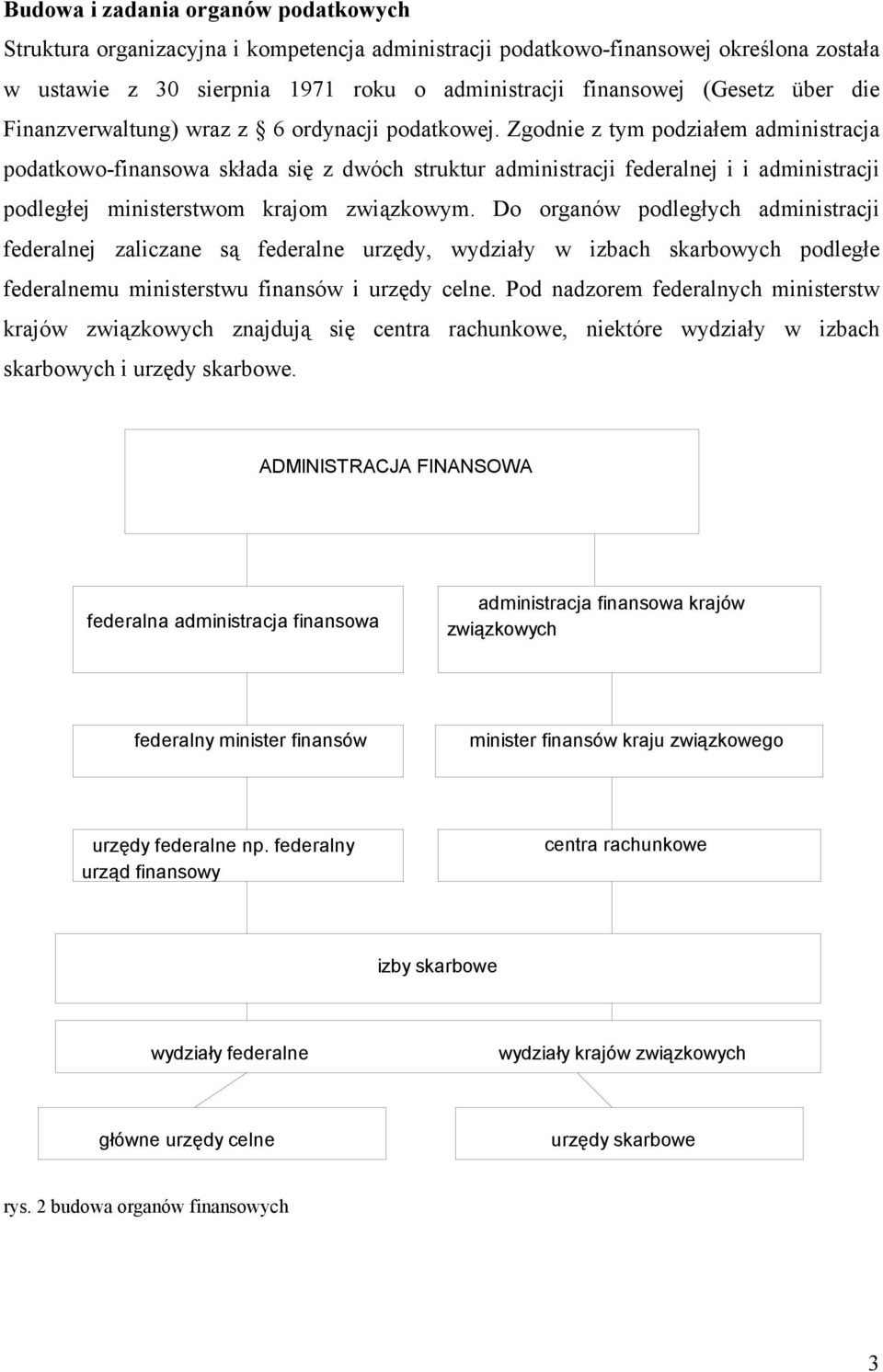 Zgodnie z tym podziałem administracja podatkowo-finansowa składa się z dwóch struktur administracji federalnej i i administracji podległej ministerstwom krajom związkowym.