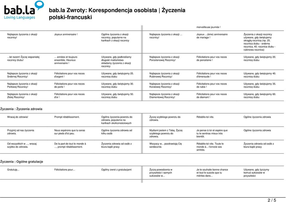 Heureux anniversaire Używane, gdy podkreślamy długość małżeństwa składamy życzenia z okazji rocznicy Porcelanowej Rocznicy de porcelaine Używane, gdy świętujemy 20.