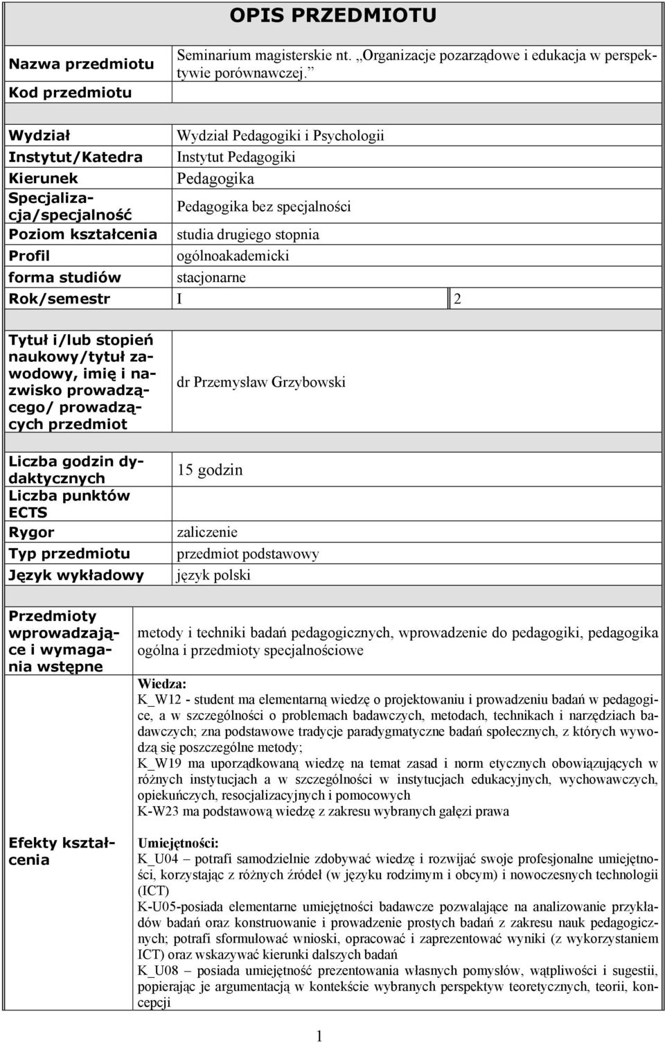 Profil ogólnoakademicki forma studiów stacjonarne Rok/semestr I 2 Tytuł i/lub stopień naukowy/tytuł zawodowy, imię i nazwisko prowadzącego/ prowadzących przedmiot Liczba godzin dydaktycznych Liczba