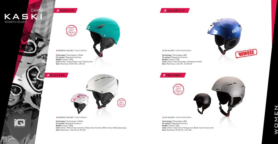 INSTINCT WOMEN S HELMET / KASK DAMSKI Technology / Technologia: In Mold Weight / Ciężar: 380g Color / Kolor: White matt ornament / Biały mat ornament, White shiny / Biały błyszczący Size / Rozmiary:
