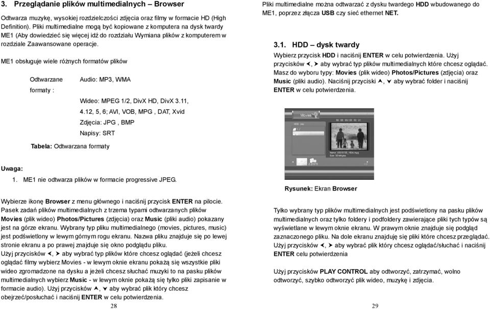 ME1 obsługuje wiele różnych formatów plików Odtwarzane formaty : Audio: MP3, WMA Wideo: MPEG 1/2, DivX HD, DivX 3.11, 4.