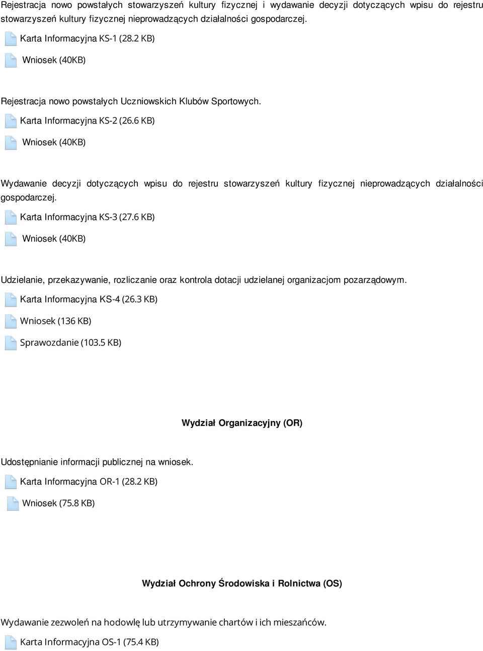 6 KB) Wniosek (40KB) Wydawanie decyzji dotyczących wpisu do rejestru stowarzyszeń kultury fizycznej nieprowadzących działalności gospodarczej. Karta Informacyjna KS-3 (27.