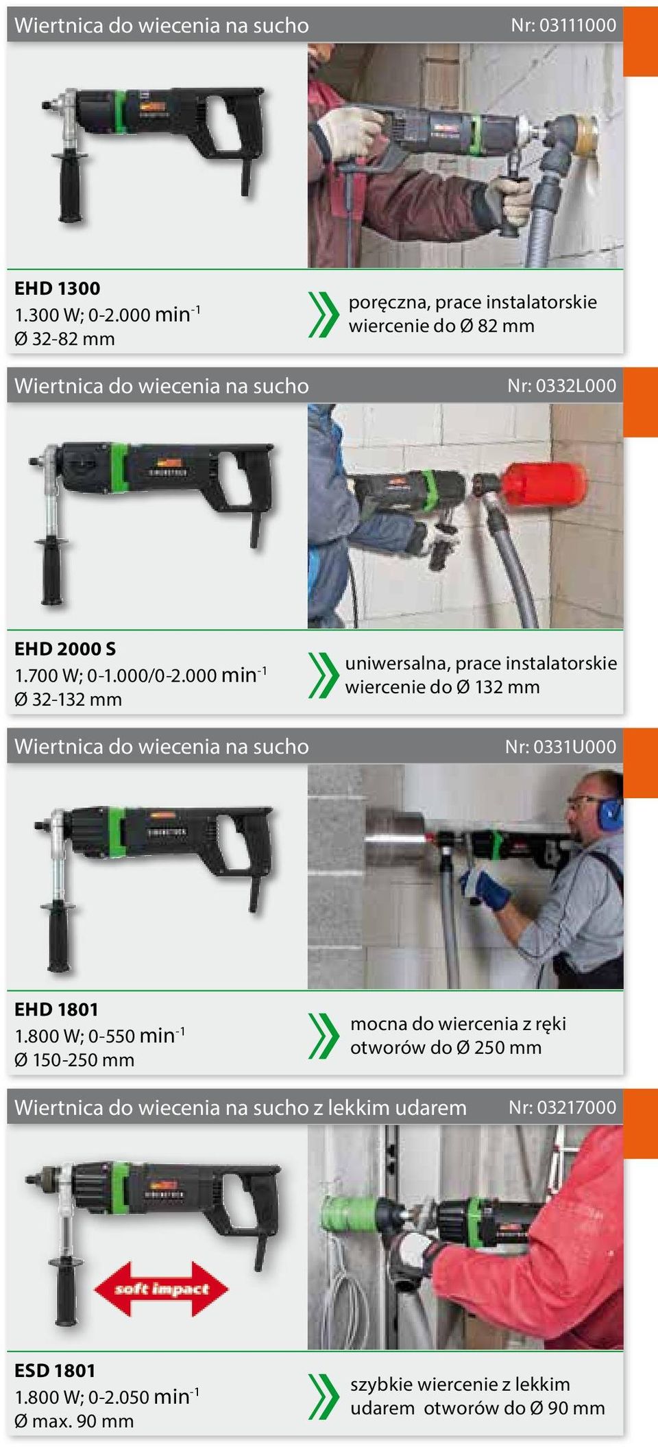000/0-2.000 min -1 Ø 32-132 mm Wiertnica do wiecenia na sucho uniwersalna, prace instalatorskie wiercenie do Ø 132 mm Nr: 0331U000 EHD 1801 1.