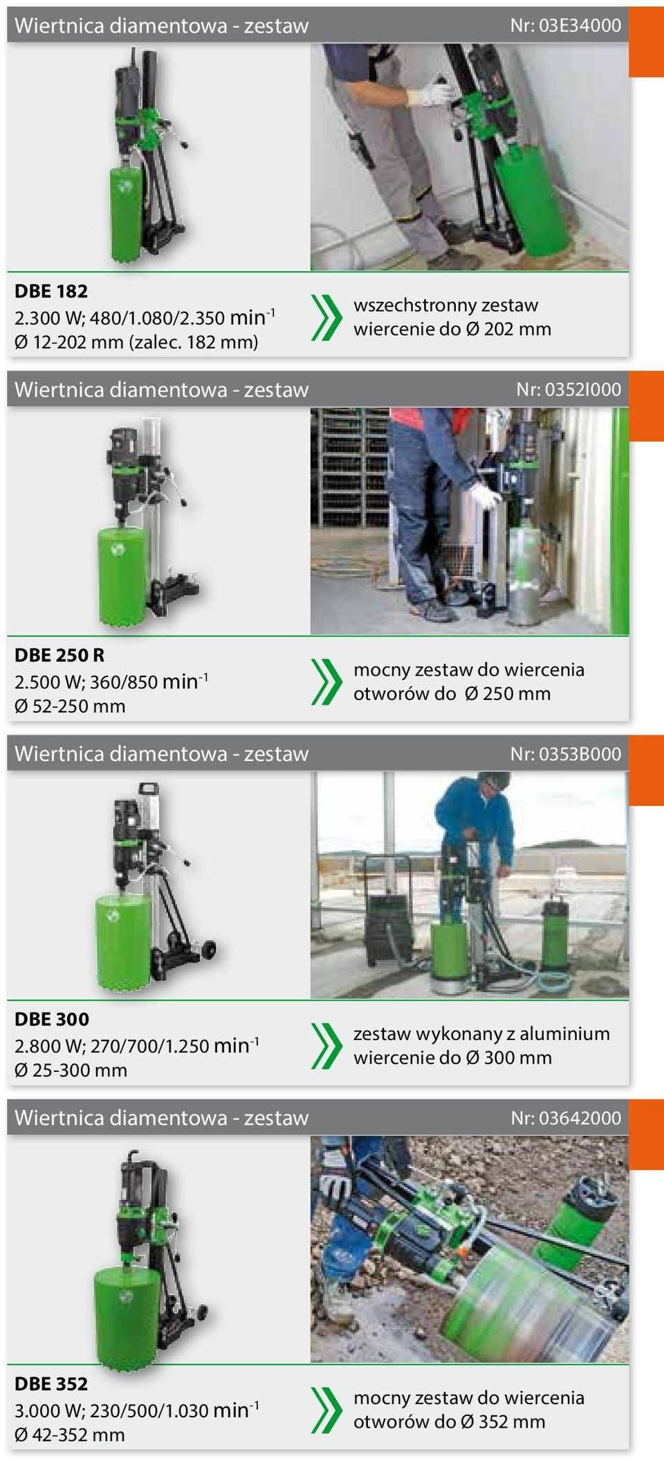 500 W; 360/850 min -1 Ø 52-250 mm Wiertnica diamentowa - zestaw mocny zestaw do wiercenia otworów do Ø 250 mm Nr: 0353B000 DBE 300 2.