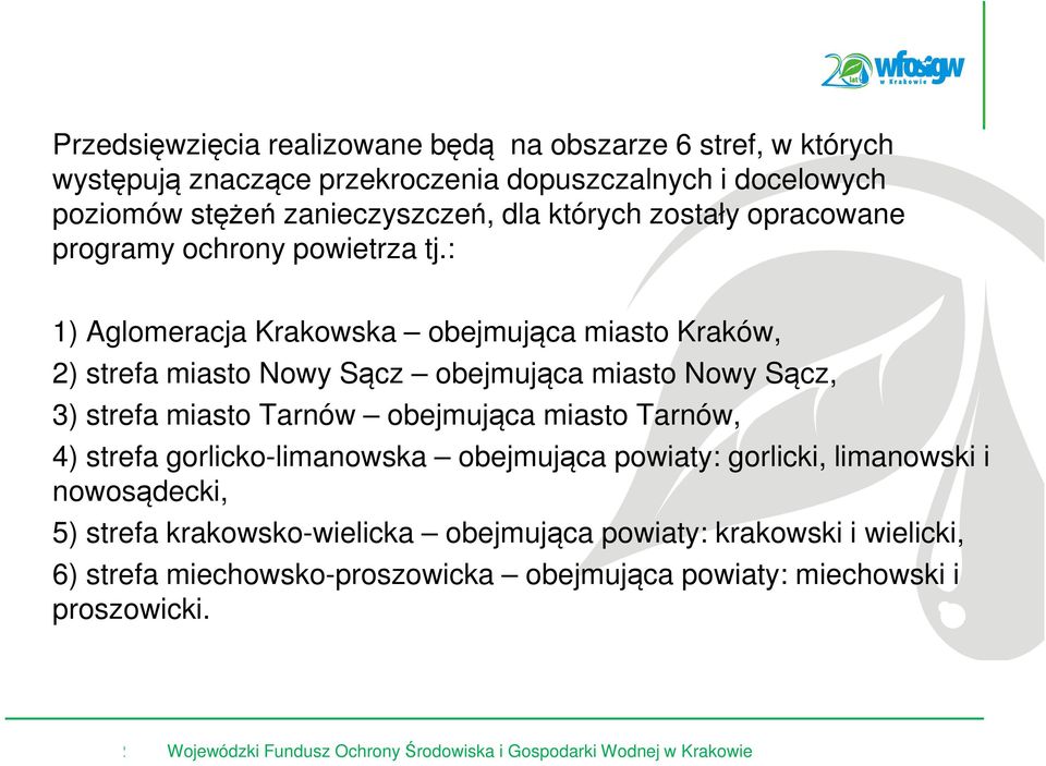 : 1) Aglomeracja Krakowska obejmująca miasto Kraków, 2) strefa miasto Nowy Sącz obejmująca miasto Nowy Sącz, 3) strefa miasto Tarnów obejmująca miasto