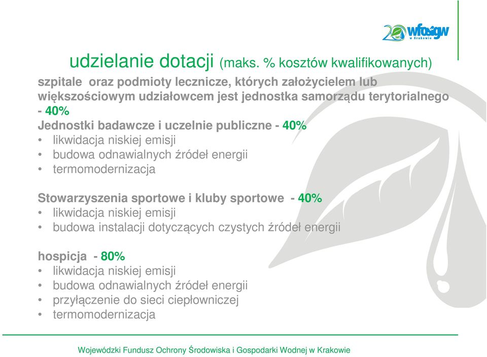 terytorialnego - 40% Jednostki badawcze i uczelnie publiczne - 40% likwidacja niskiej emisji budowa odnawialnych źródeł energii termomodernizacja