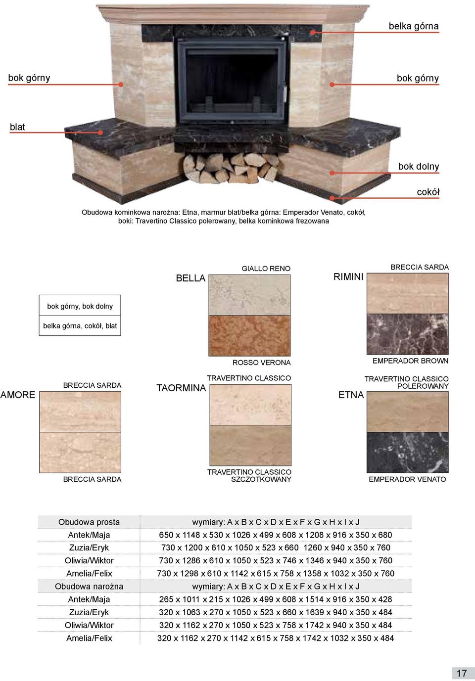 BRECCIA SARDA TRAVERTINO CLASSICO szczotkowany Emperador Venato Obudowa prosta wymiary: A x B x C x D x E x F x G x H x I x J Antek/Maja 650 x 1148 x 530 x 1026 x 499 x 608 x 1208 x 916 x 350 x 680