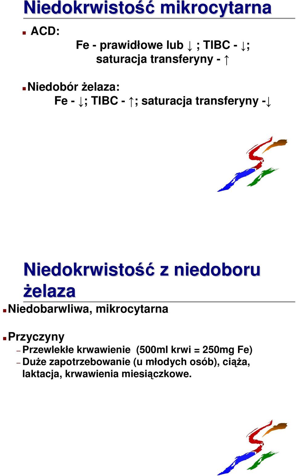 żelaza Niedobarwliwa, mikrocytarna Przyczyny Przewlekłe krwawienie (500ml krwi =