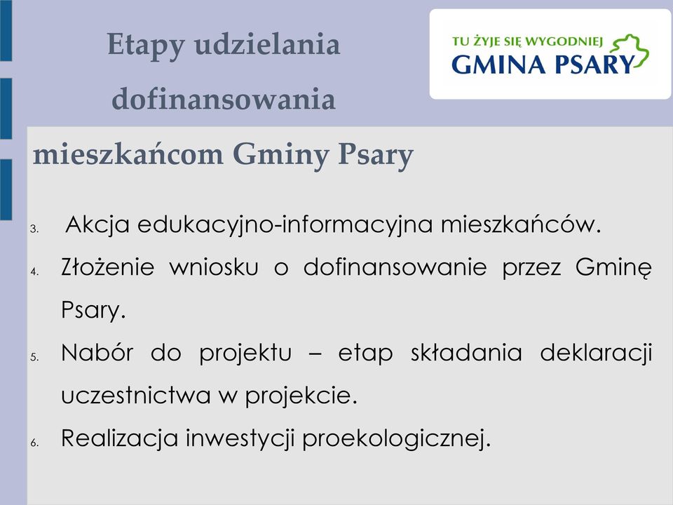 Złożenie wniosku o dofinansowanie przez Gminę Psary. 5.