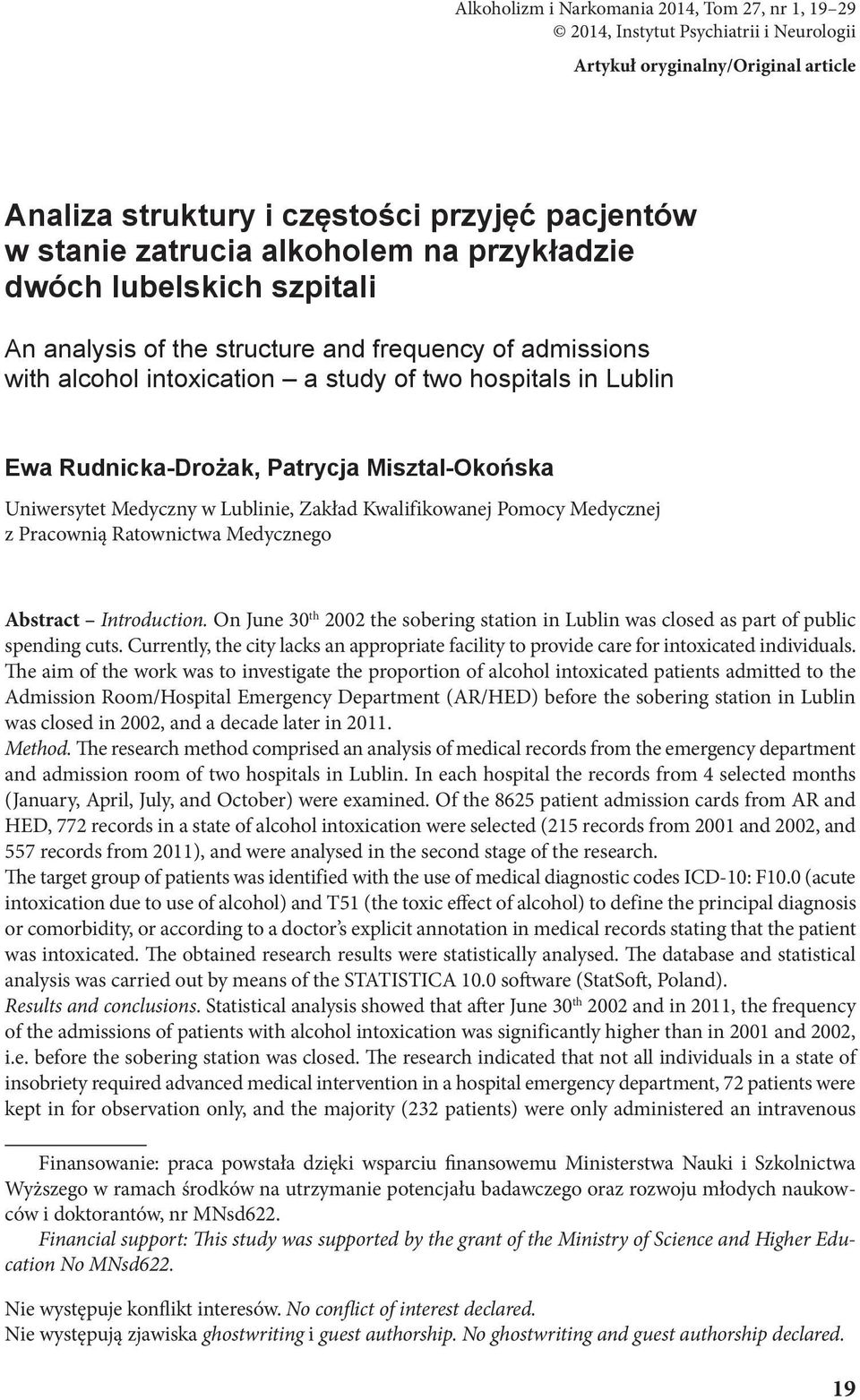Misztal-Okońska Uniwersytet Medyczny w Lublinie, Zakład Kwalifikowanej Pomocy Medycznej z Pracownią Ratownictwa Medycznego Abstract Introduction.