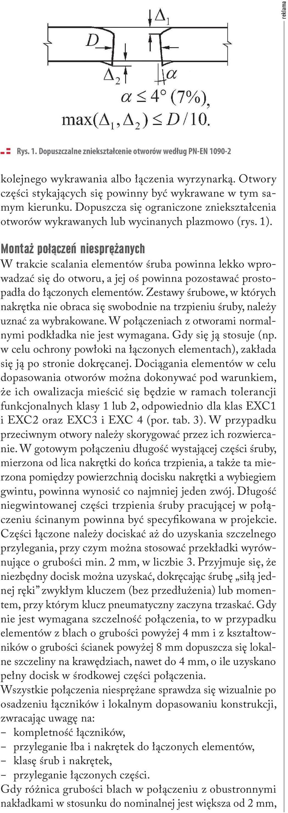 Montaż połączeń niesprężanych W trakcie scalania elementów śruba powinna lekko wprowadzać się do otworu, a jej oś powinna pozostawać prostopadła do łączonych elementów.