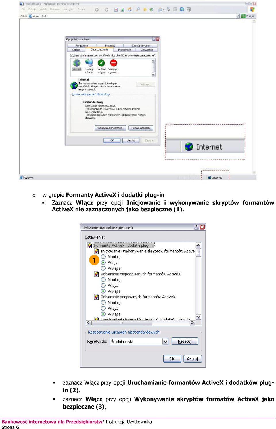 zaznacz Włącz przy opcji Uruchamianie formantów ActiveX i dodatków plugin (2),