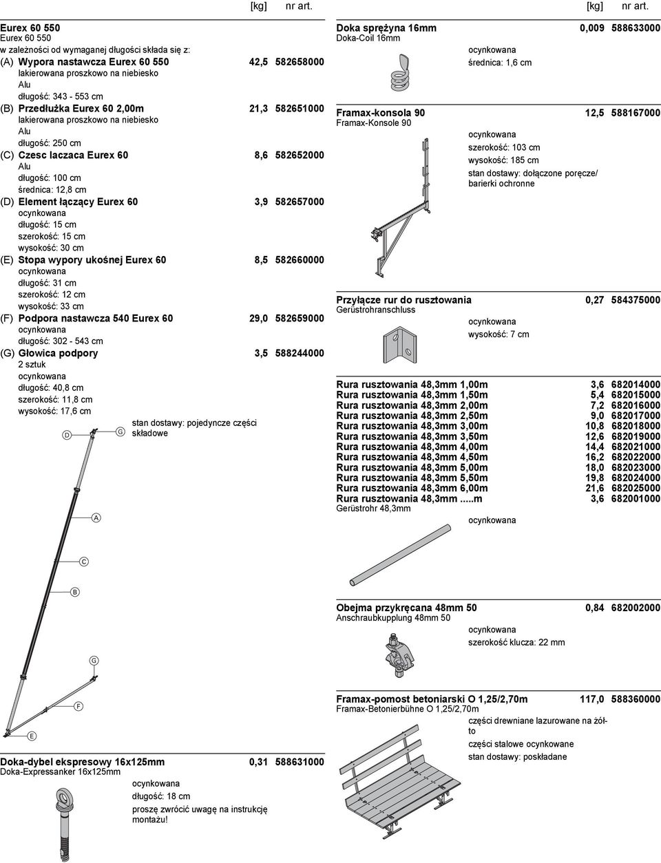 582660000 długość: 31 cm szerokość: 12 cm wysokość: 33 cm (F) Podpora nastawcza 540 Eurex 60 29,0 582659000 długość: 302-543 cm (G) Głowica podpory 3,5 588244000 2 sztuk długość: 40,8 cm szerokość: