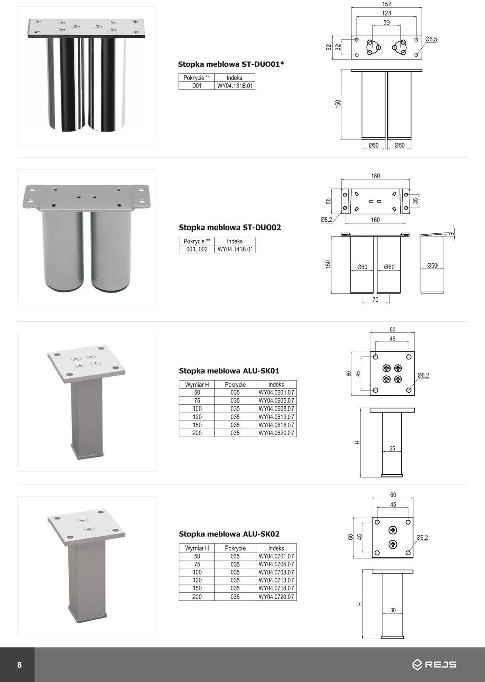 01 5 150 Ø Ø Ø 70 45 Stopka meblowa ALU-SK01 Wymiar H 50 75 150 200 WY04.01.07 WY04.05.07 WY04.08.07 WY04.0613.