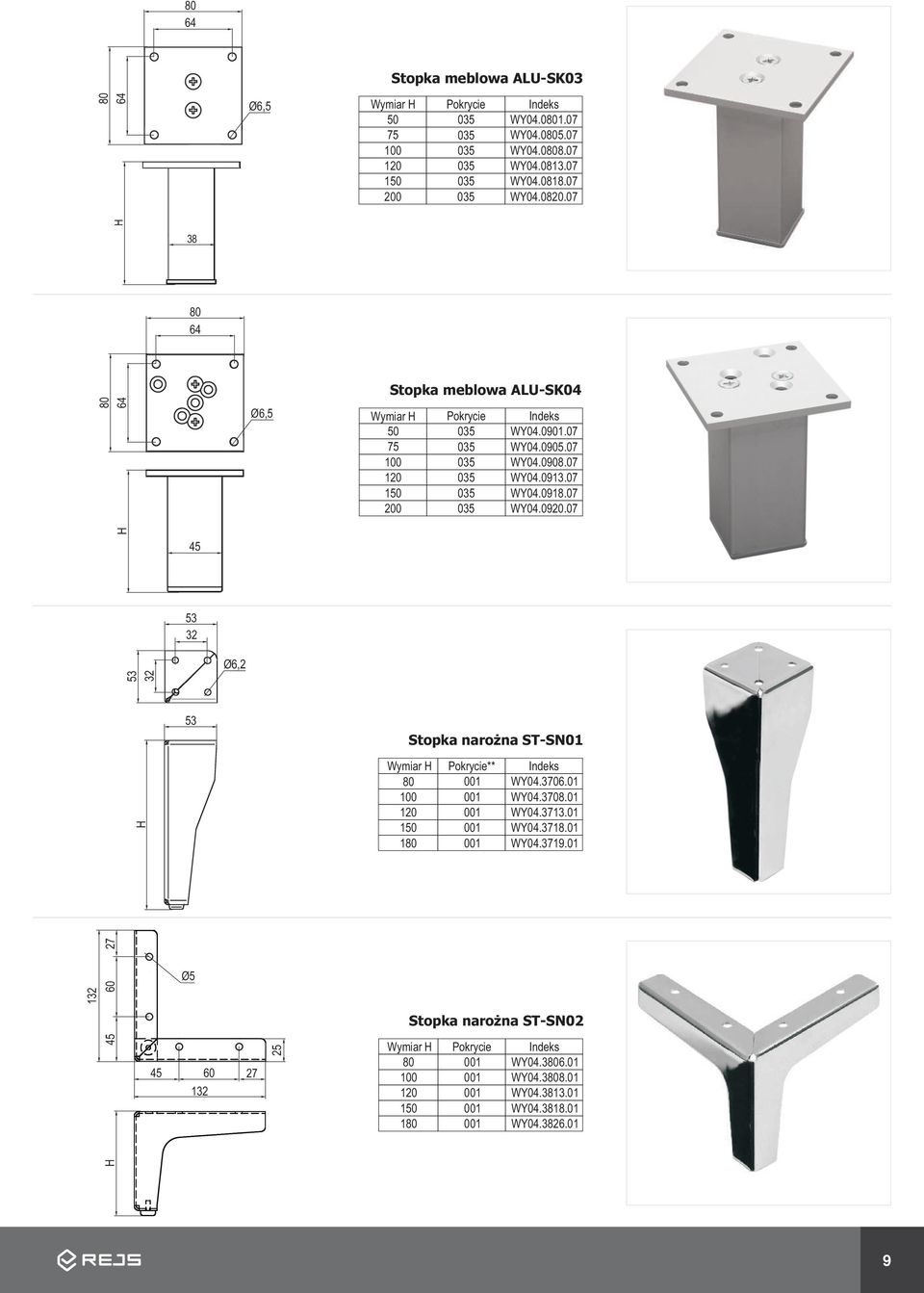 07 H 45 53 32 53 32 Ø6,2 53 Stopka naro na ST-SN01 H Wymiar H 80 150 180 ** WY04.3706.01 WY04.3708.01 WY04.3713.01 WY04.3718.01 WY04.3719.