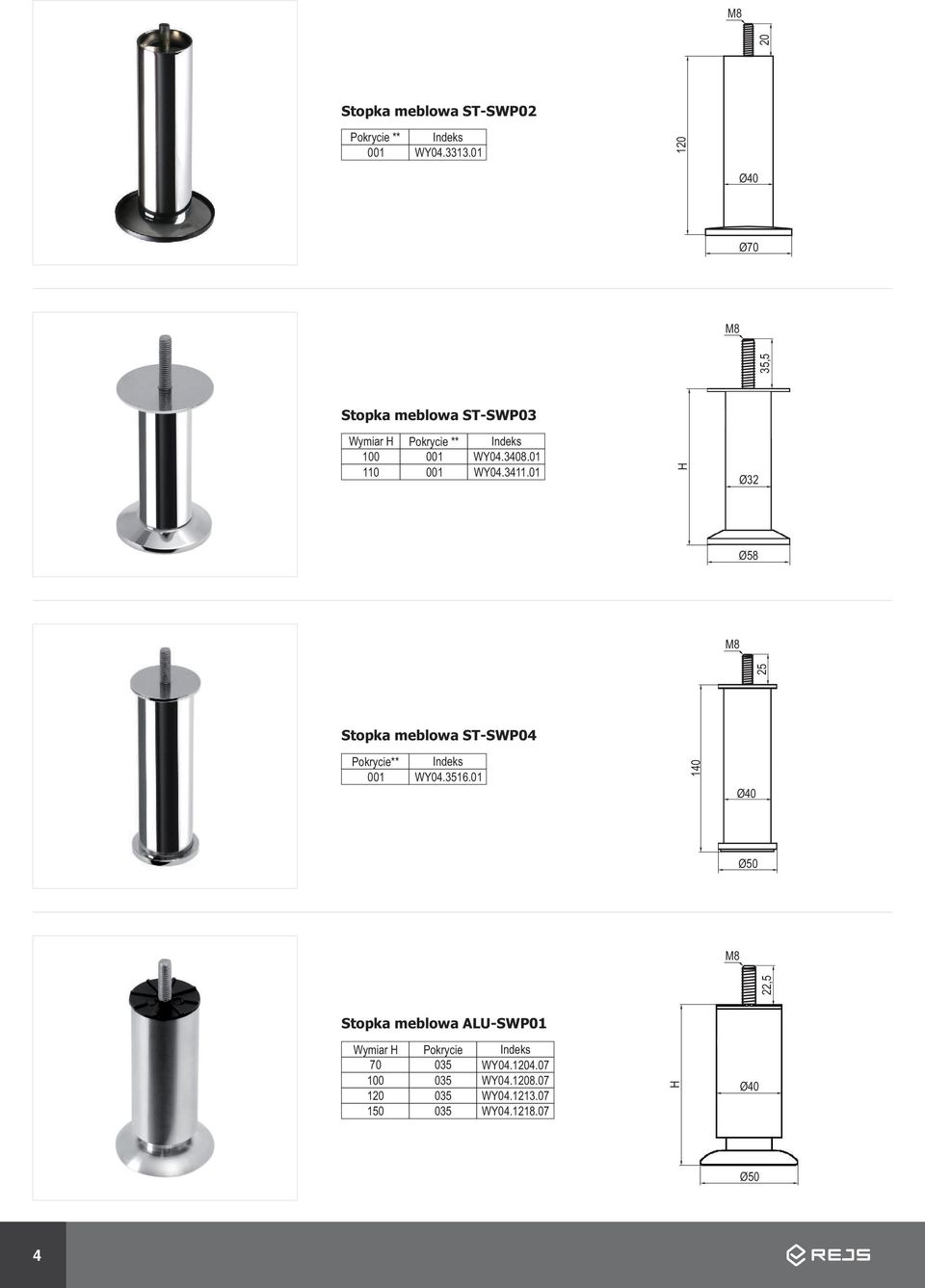 01 WY04.3411.01 H Ø32 Ø58 M8 25 Stopka meblowa ST-SWP04 ** WY04.3516.