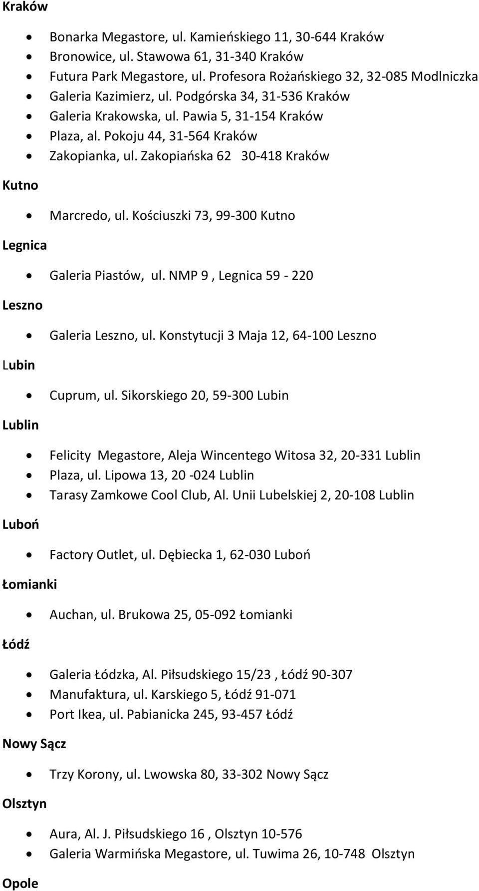 Kościuszki 73, 99-300 Kutno Legnica Leszno Galeria Piastów, ul. NMP 9, Legnica 59-220 Galeria Leszno, ul. Konstytucji 3 Maja 12, 64-100 Leszno Lubin Cuprum, ul.