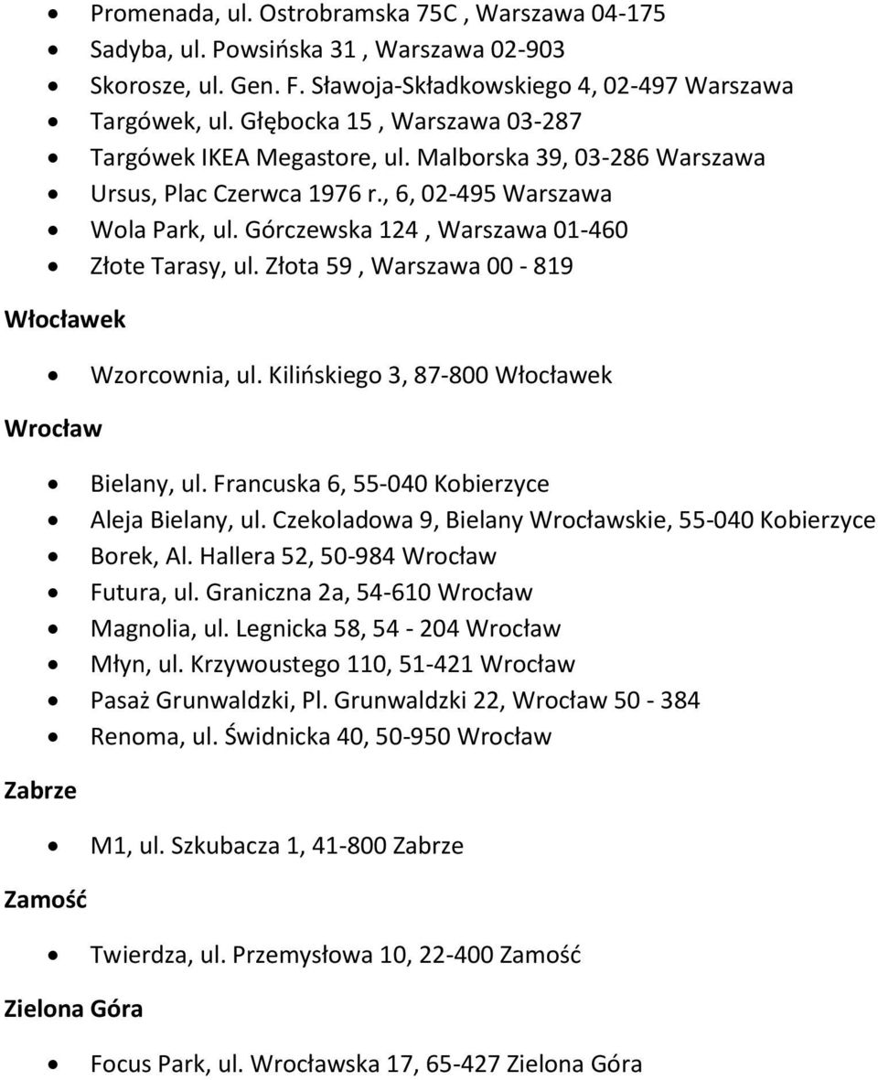 Złota 59, Warszawa 00-819 Włocławek Wzorcownia, ul. Kilińskiego 3, 87-800 Włocławek Wrocław Bielany, ul. Francuska 6, 55-040 Kobierzyce Aleja Bielany, ul.