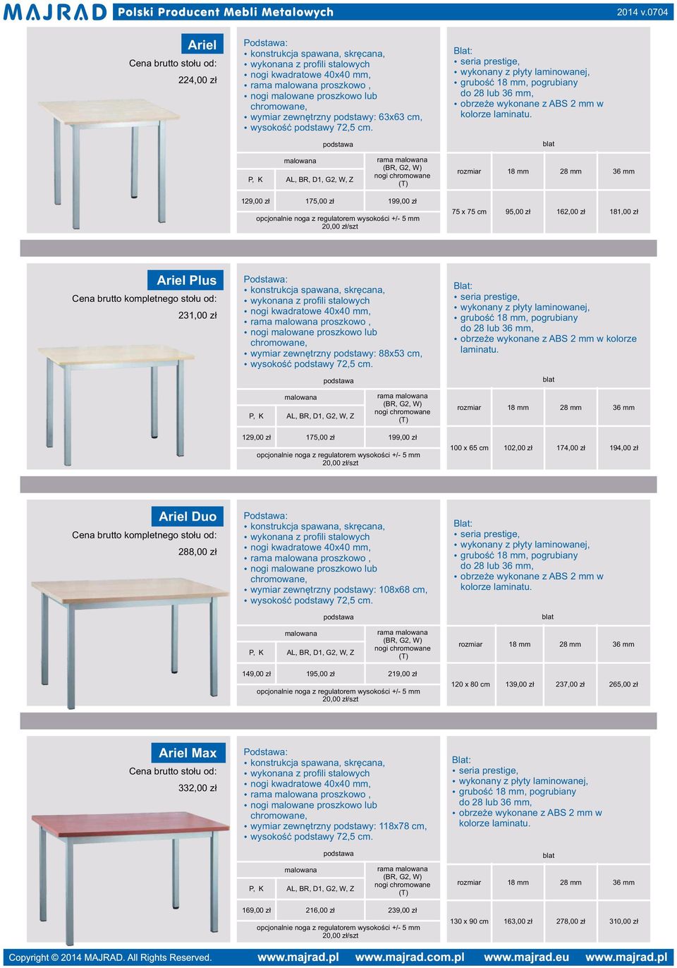 129,00 zł 175,00 zł 199,00 zł 100 x 65 cm 102,00 zł 174,00 zł 194,00 zł riel uo ena brutto kompletnego stołu od: 288,00 zł źwykonana z profili stalowych źnogi kwadratowe 40x40 mm, ź proszkowo,