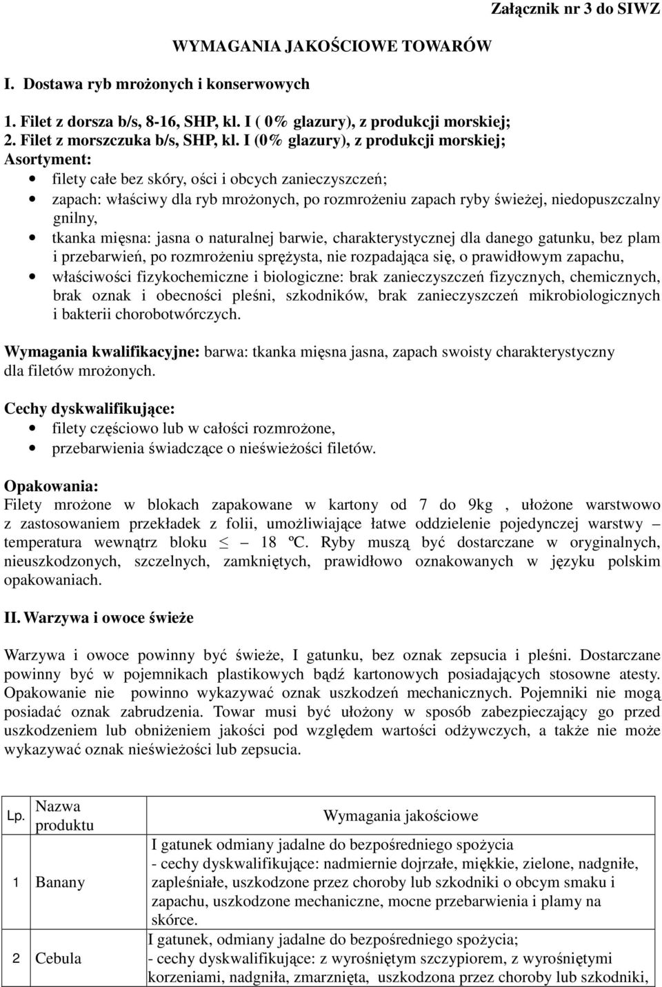 I (0% glazury), z produkcji morskiej; Asortyment: filety całe bez skóry, ości i obcych zanieczyszczeń; zapach: właściwy dla ryb mrożonych, po rozmrożeniu zapach ryby świeżej, niedopuszczalny gnilny,