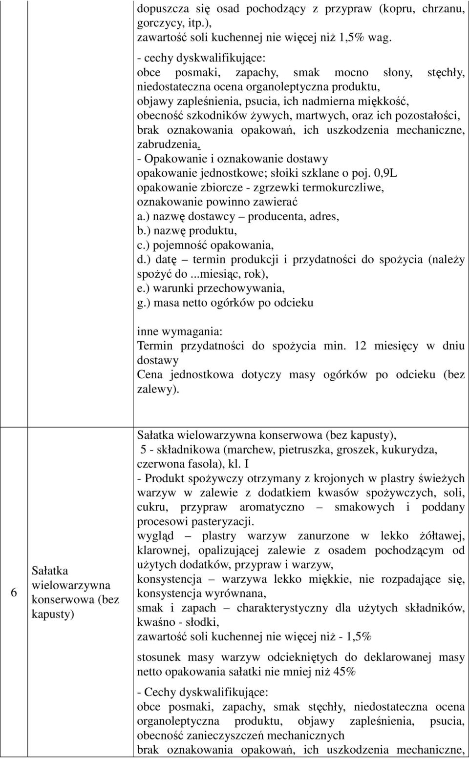 żywych, martwych, oraz ich pozostałości, brak oznakowania opakowań, ich uszkodzenia mechaniczne, zabrudzenia. - Opakowanie i oznakowanie dostawy opakowanie jednostkowe; słoiki szklane o poj.