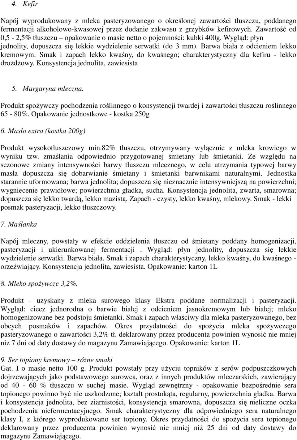 Smak i zapach lekko kwaśny, do kwaśnego; charakterystyczny dla kefiru - lekko drożdżowy. Konsystencja jednolita, zawiesista 5. Margaryna mleczna.