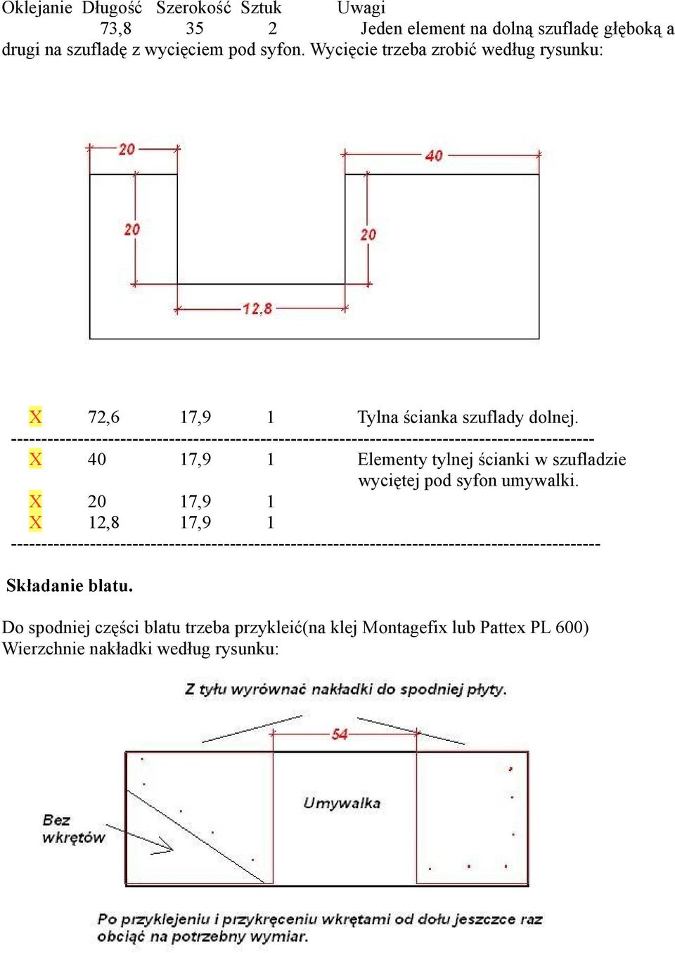 ------------------------------------------------------------------------------------------------ X 40 17,9 1 Elementy tylnej ścianki w szufladzie wyciętej pod