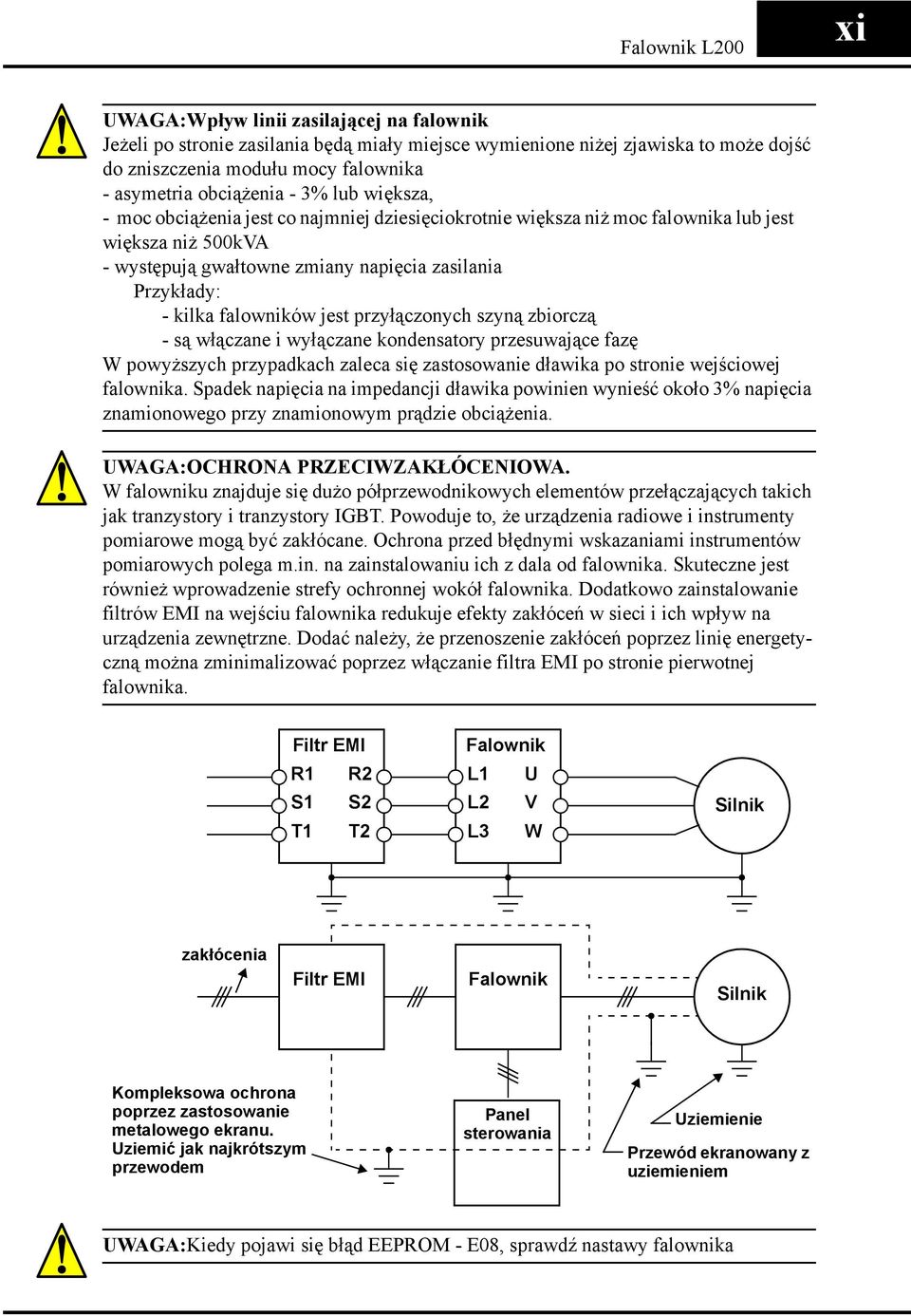 kilka falowników jest przyłączonych szyną zbiorczą - są włączane i wyłączane kondensatory przesuwające fazę W powyższych przypadkach zaleca się zastosowanie dławika po stronie wejściowej falownika.