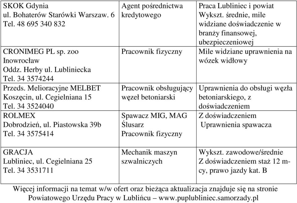 34 3531711 Agent pośrednictwa kredytowego Pracownik fizyczny Pracownik obsługujący węzeł betoniarski Spawacz MIG, MAG Ślusarz Pracownik fizyczny Mechanik maszyn szwalniczych Praca Lubliniec i powiat
