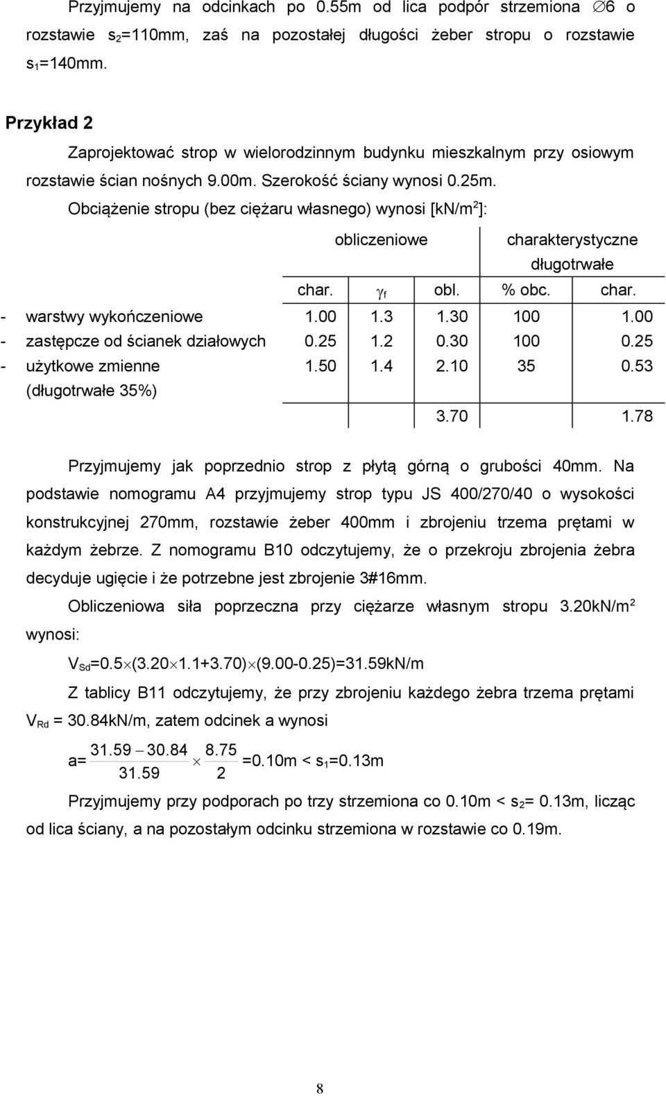 Obciążenie stropu (bez ciężaru własnego) wynosi [kn/m 2 ]: obliczeniowe charakterystyczne długotrwałe char. f obl. % obc. char. - warstwy wykończeniowe 1.00 1.3 1.30 100 1.