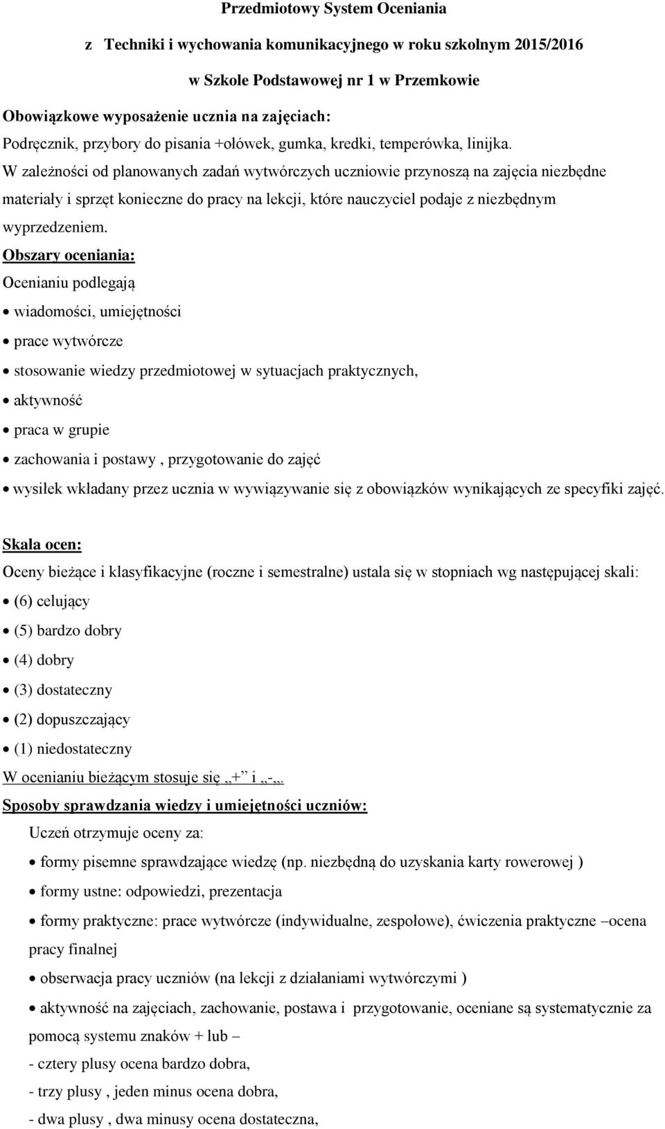 W zależności od planowanych zadań wytwórczych uczniowie przynoszą na zajęcia niezbędne materiały i sprzęt konieczne do pracy na lekcji, które nauczyciel podaje z niezbędnym wyprzedzeniem.