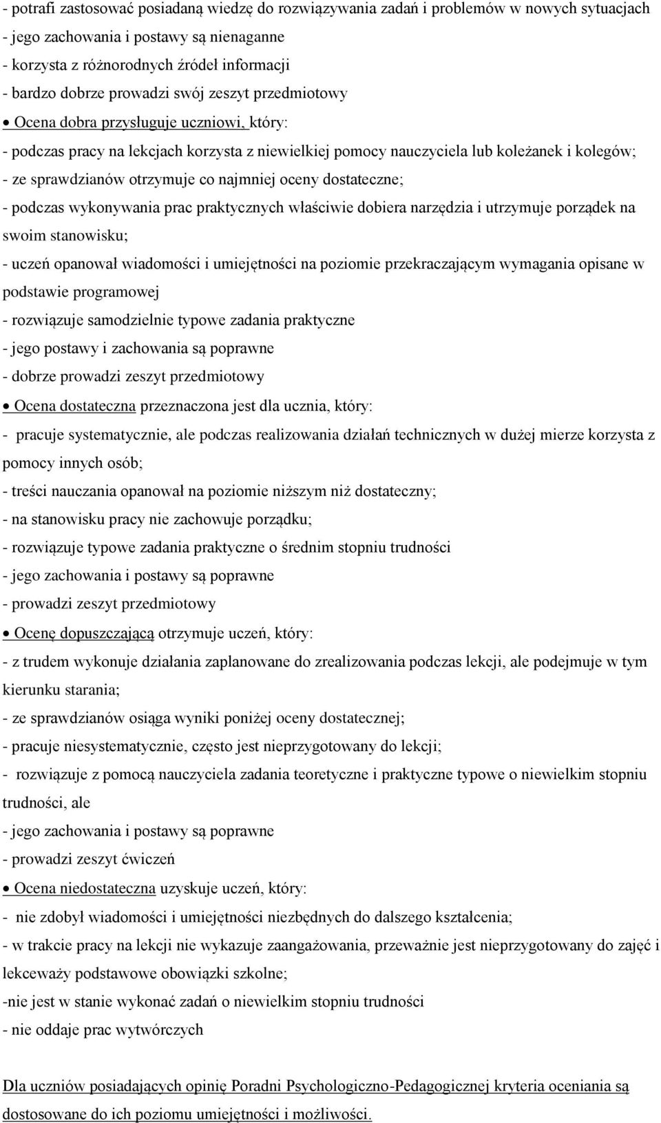 co najmniej oceny dostateczne; - podczas wykonywania prac praktycznych właściwie dobiera narzędzia i utrzymuje porządek na swoim stanowisku; - uczeń opanował wiadomości i umiejętności na poziomie